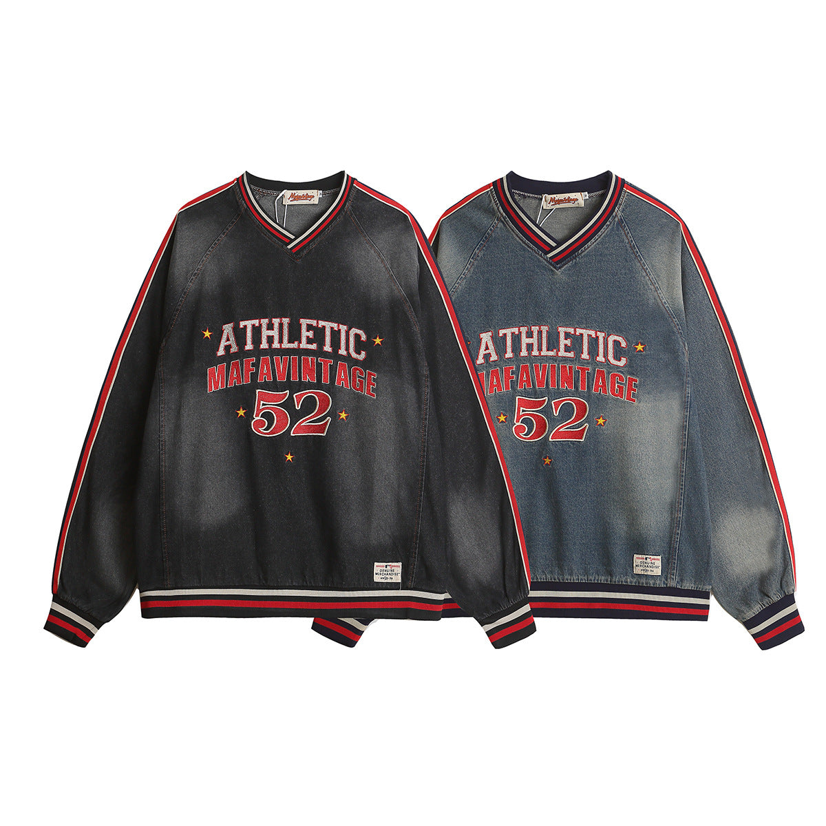 V-neck Baseball Jersey Washed Denim Sweatshirt