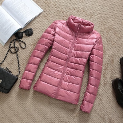 Ultra-Lightweight Slim Down Jacket for Women – Short Hooded Warm White Duck Down Coat