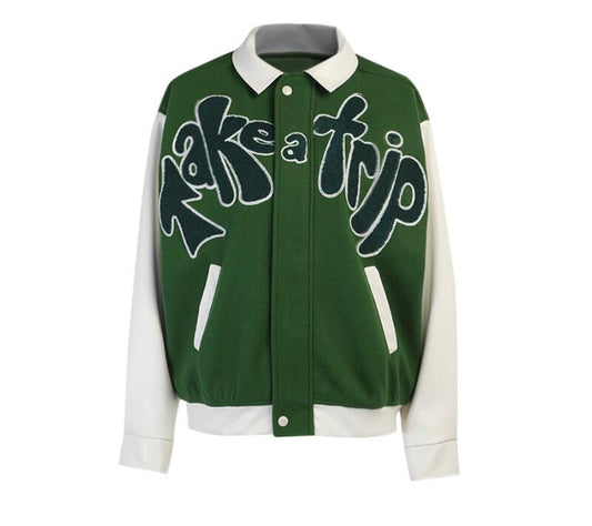 Harajuku Style Green Bomber Jacket with Contrast Sleeves