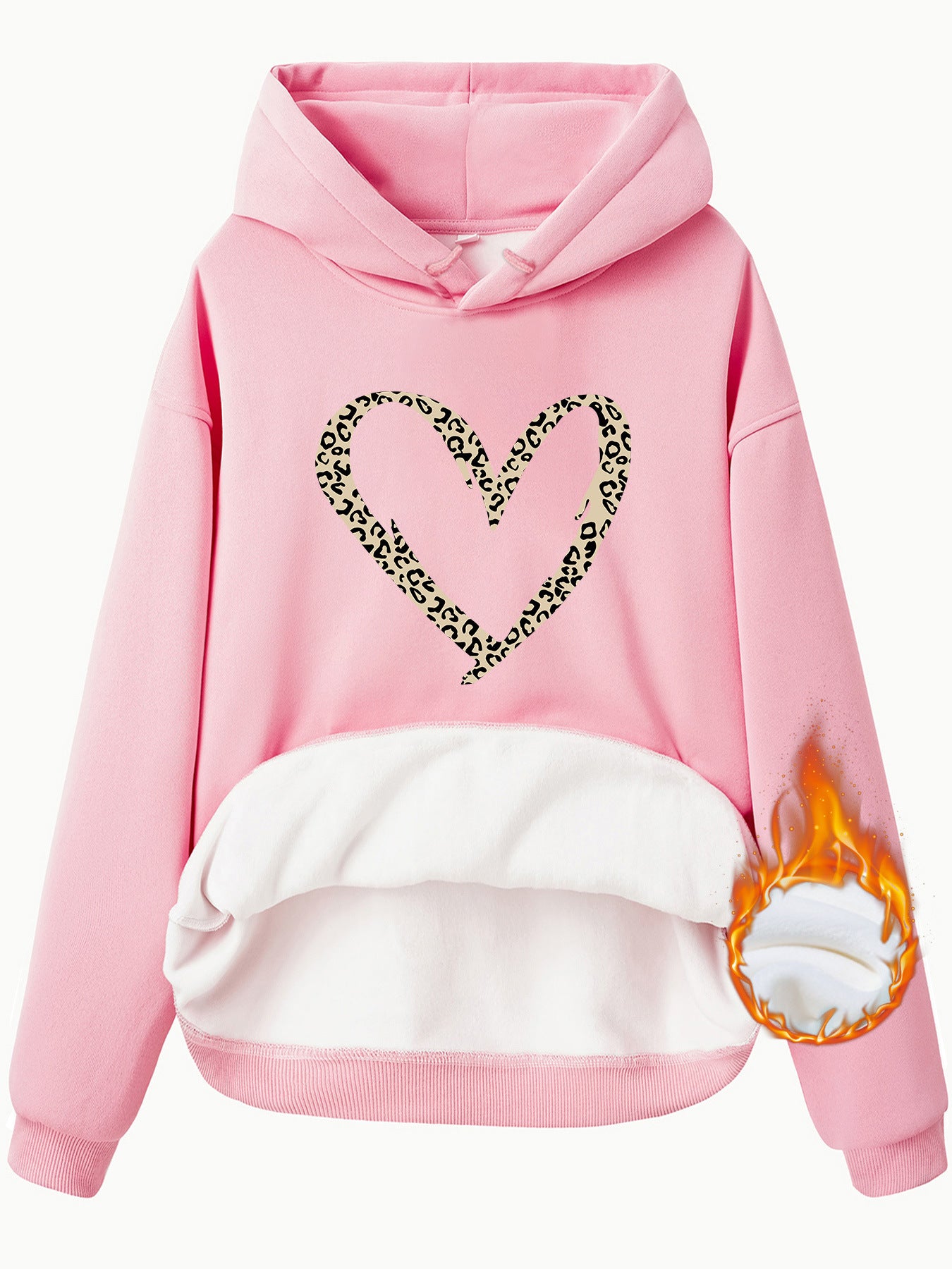 Hooded Long Sleeve Fleece Hoodie with Kangaroo Pocket and Heart-Shaped Print