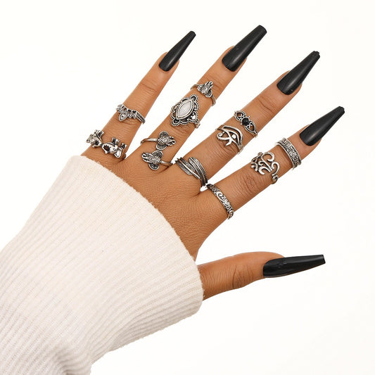 Retro Vintage Feather Elephant Joint Ring Set - 11 Piece Bracelet Collection