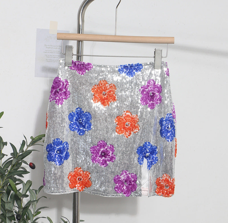 Retro Sparkling Flower Sequin Mini Skirt