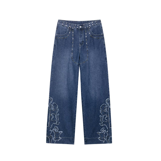 Harajuku Style Women's Studded Embroidered Straight Leg Jeans