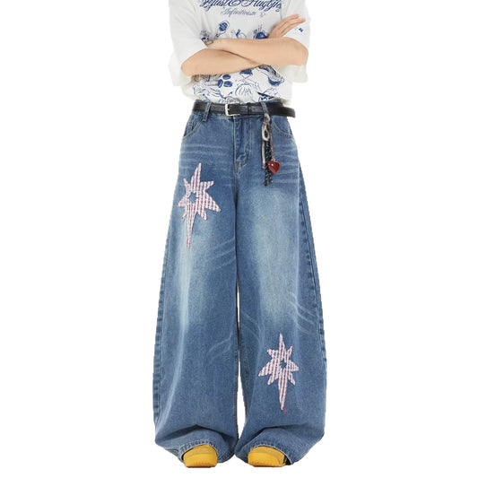 Retro Star Patch Embroidered Denim Wide Leg Pants