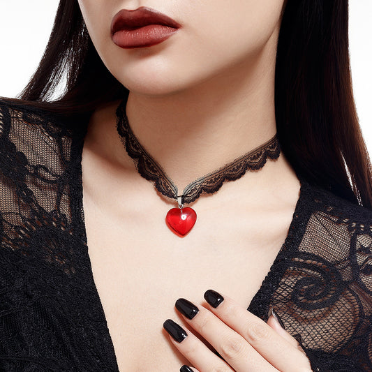 Personalized Black Lace Collarbone Necklace with Red Heart Pendant