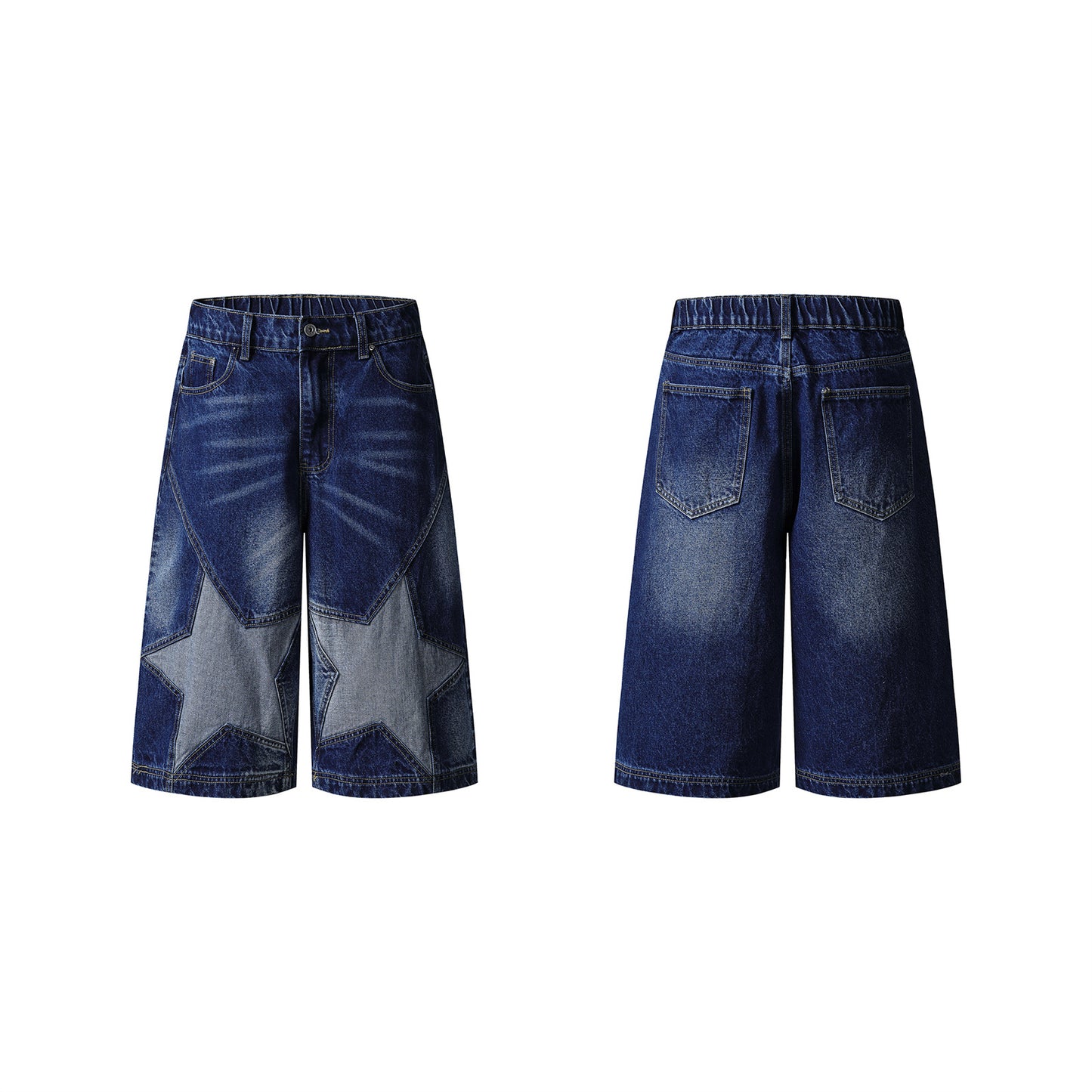 Street Washed Retro Design Star Patchwork Denim Pants