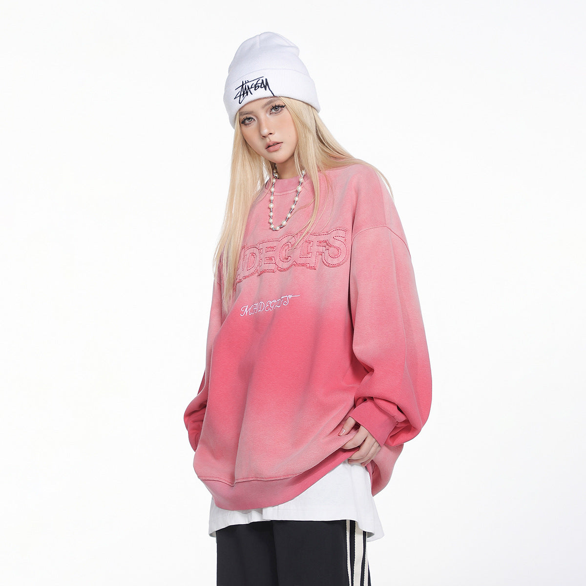 Washed Gradient Color Patchwork Embroidered Sports Sweatshirt