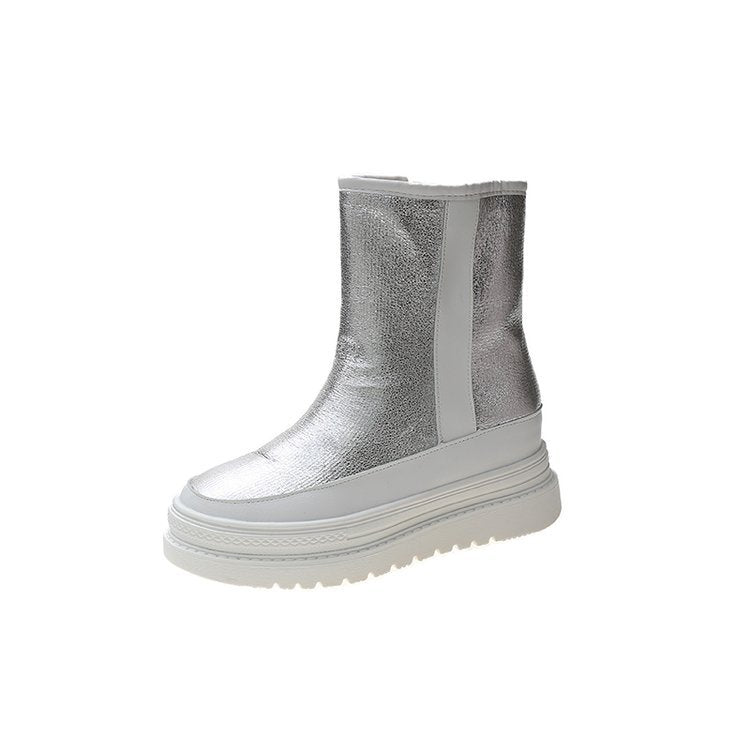 New Fashion Autumn Winter Warm Snow Boots Quality Leather Medium Heels Platform Black Silver Real Fur Dress Casual