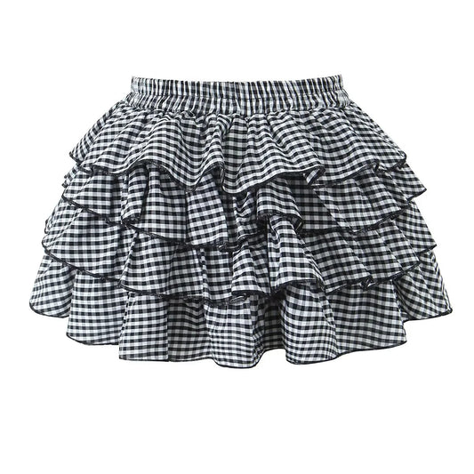 Plaid Elastic High-Waisted Cake Skirt and Fluffy Skirt