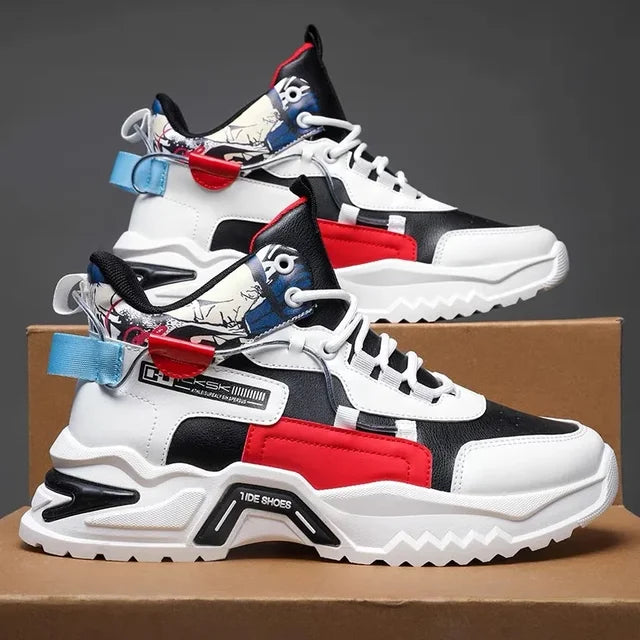 Men's High Top White Sports Shoes - Thick Sole & Stylish