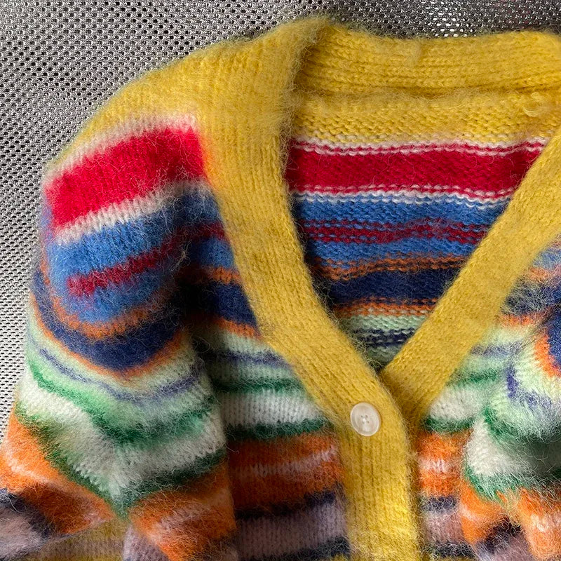 Rainbow Mohair Striped V-Neck Cardigan for Women