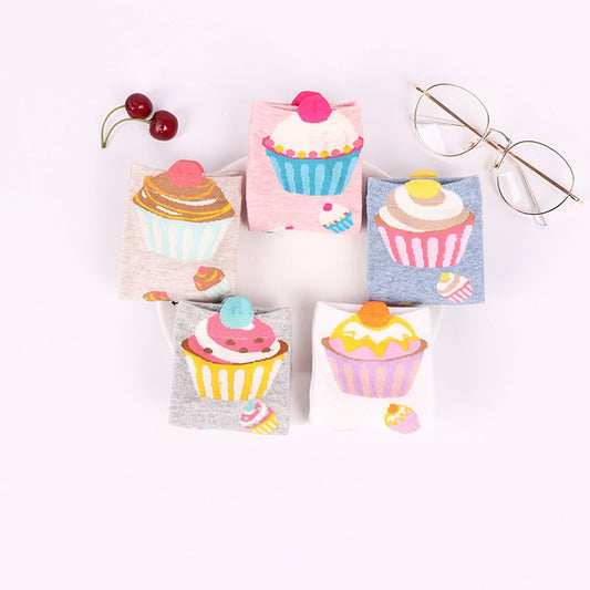 Kawaii Cupcake Ankle Socks - 5 Pairs Women’s Cotton Socks