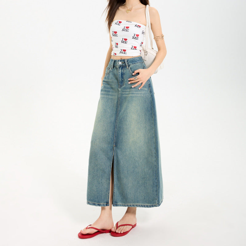 High Waist Slit Denim Skirt for Women - Mid-Length Vintage A-Line Fitted Design