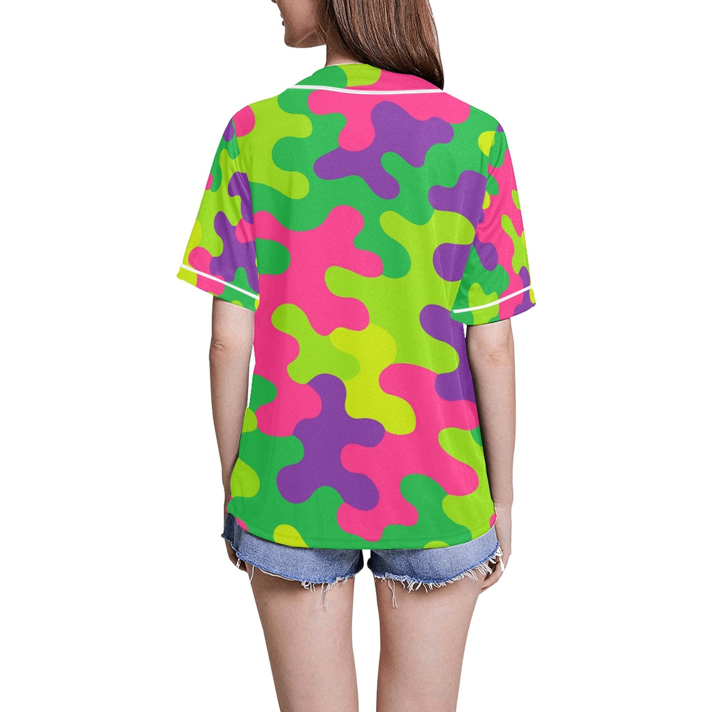 Neon Rainbow Camo Women's All Over Print Baseball Jersey