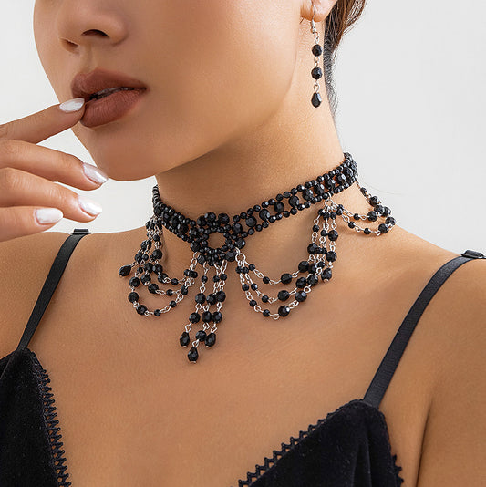 Gothic Beaded Crystal Choker & Earrings Set