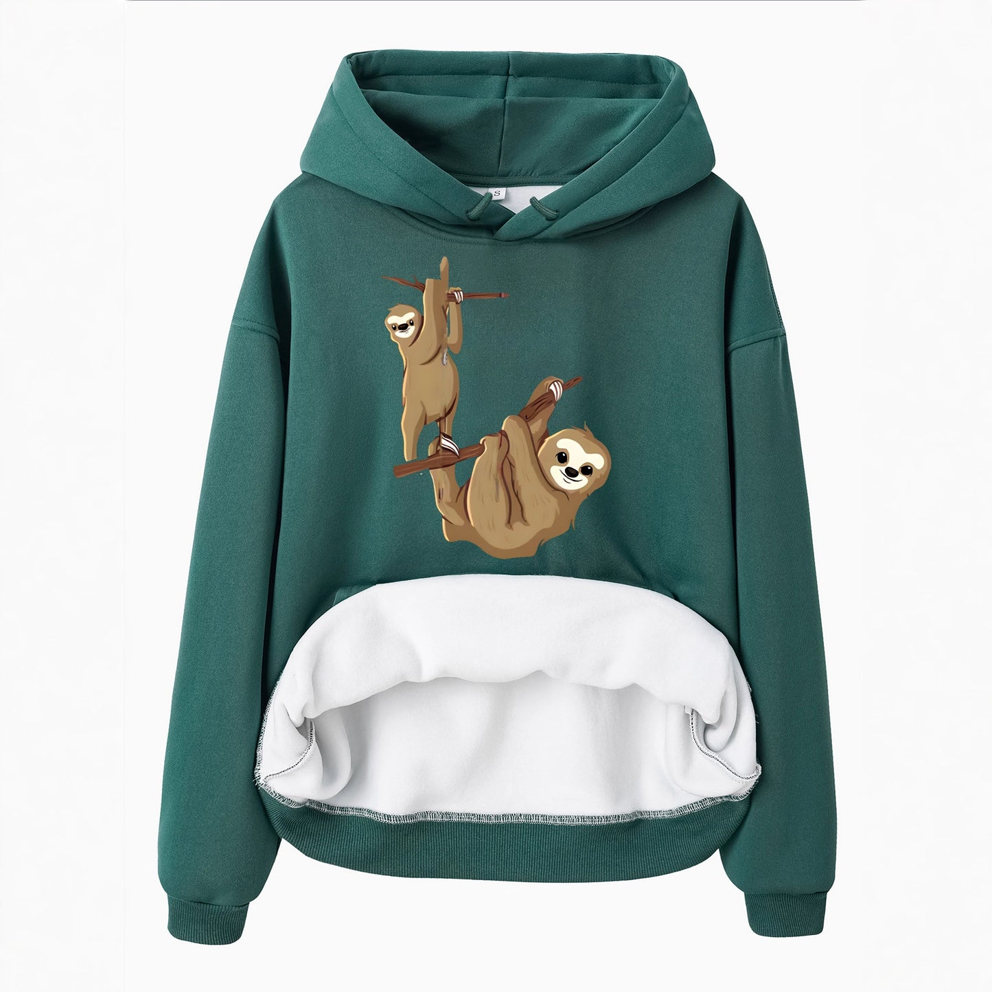 Hooded Long Sleeve Velvet Pullover with Sloth Pattern and Kangaroo Pocket