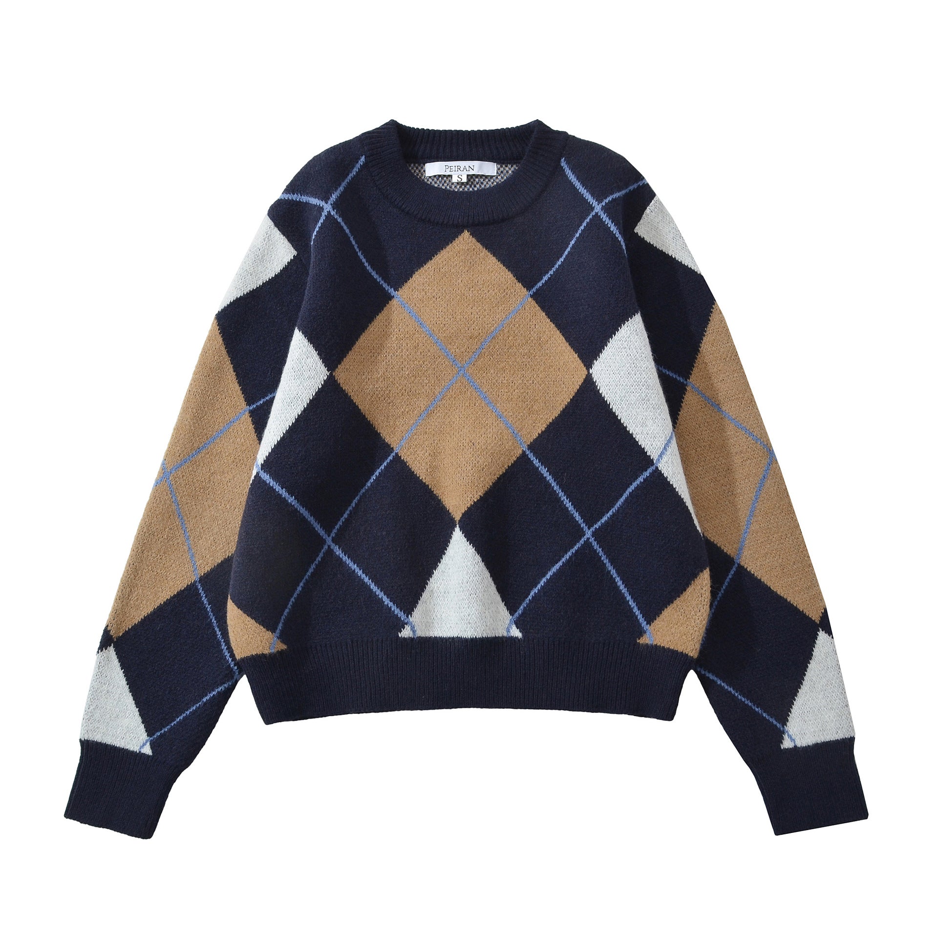 Round Neck Long Sleeve Loose Diamond Grid Pullover Sweater