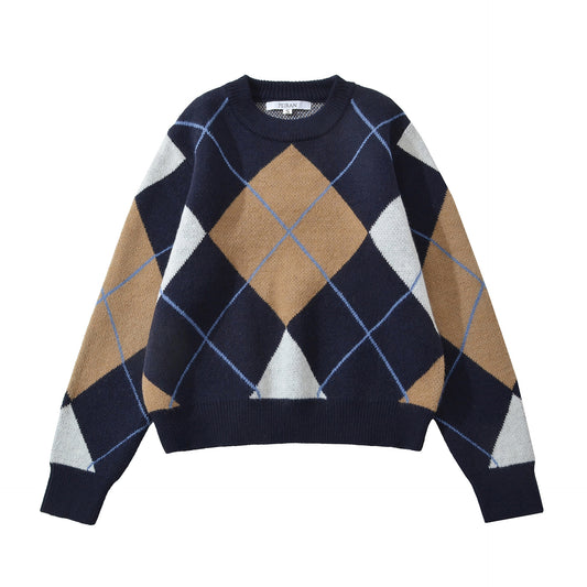 Round Neck Long Sleeve Loose Diamond Grid Pullover Sweater
