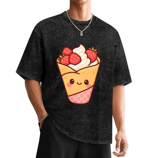 Kawaii Strawberry Crepe Vintage Off-Shoulder T-Shirt