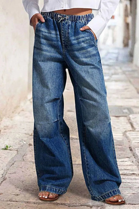 Playful Drawstring Waist Wide Leg Shirred Jeans
