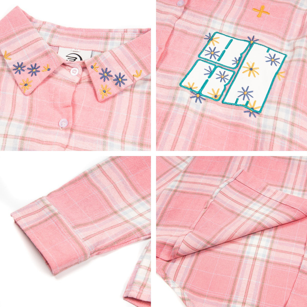 Harajuku Style Block Stripe Patchwork Embroidered Plaid Shirt