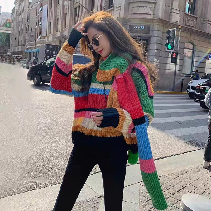 Rainbow Knitted Sweater & Scarf - Harajuku Style