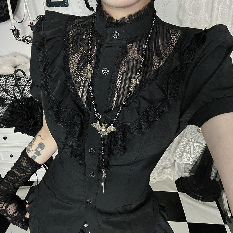 Black Lace Hollow-Out Short-Sleeved Top