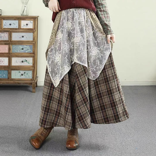 Literary Retro Lace Skirt for Women - Irregular Splicing Plaid Midi Skirt