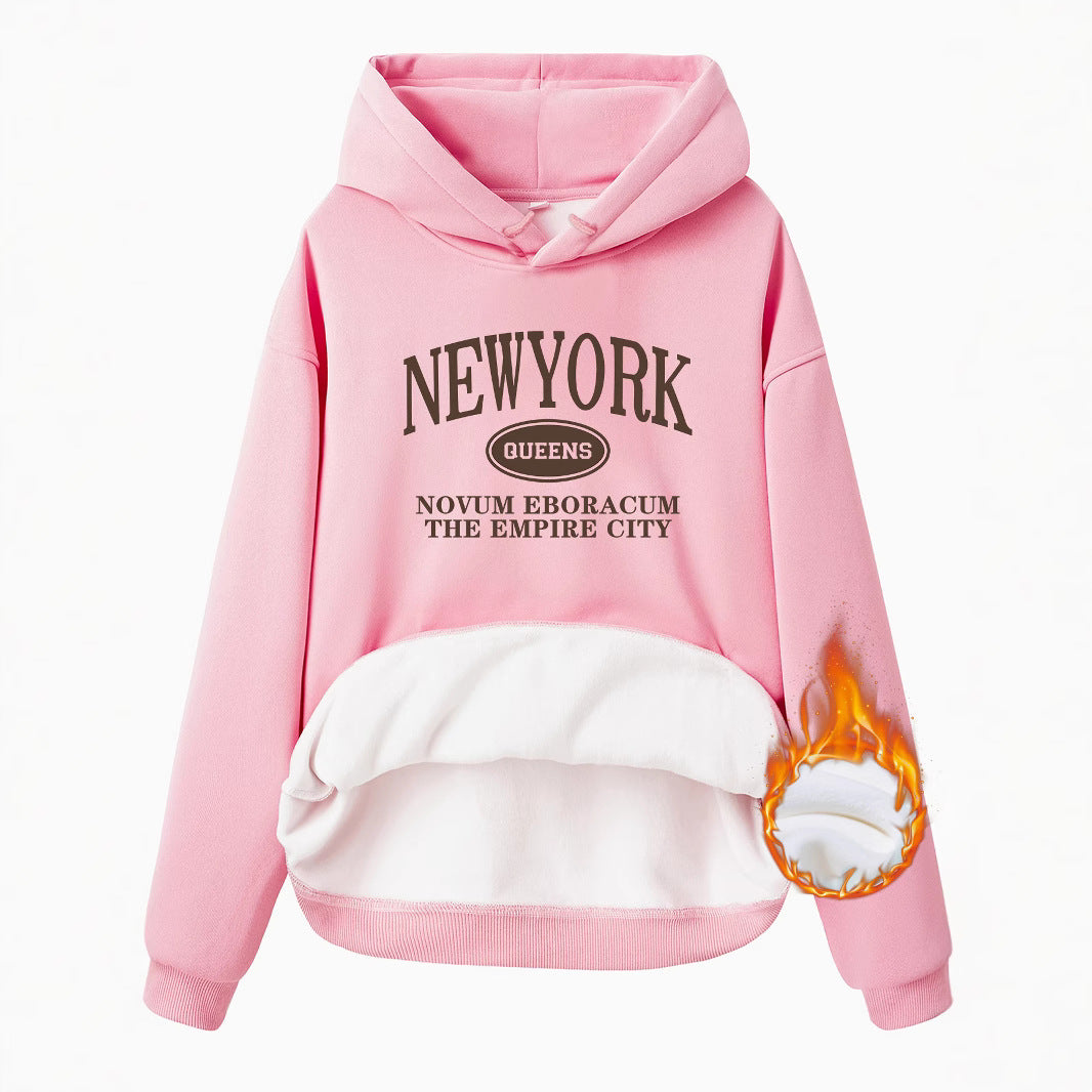 Pocket Hooded Long Sleeve Fleece Sweatshirt Top with NEW YORK Print