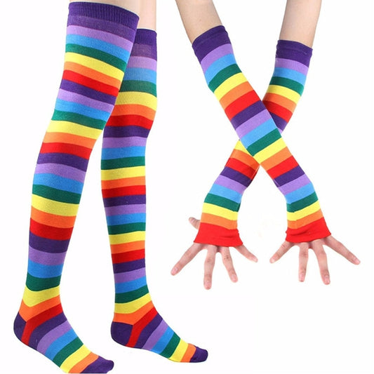 Harajuku Rainbow Striped Thigh High Socks & Fingerless Gloves Set