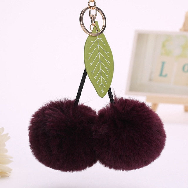 Faux Rabbit Fur Ball Pompom Cherry Keychain