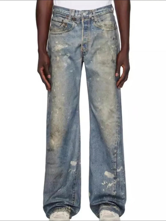 Men's Distressed Button Fly Straight Jeans