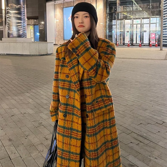 Playful Retro Colorful Plaid Woolen Trench Coat for Women