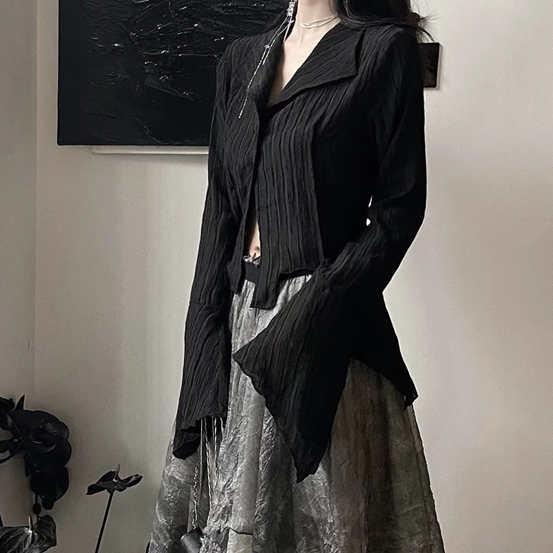 Karrram Gothic Black Shirt - Yamamoto Style Dark Aesthetic Blouse for Women - Irregular Designer Emo Alt Grunge Tops - Y2K Fashion