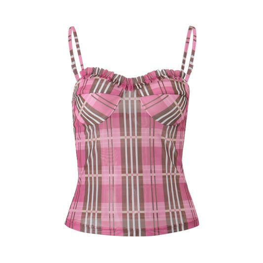 Playful Pink Lace Stripe Plaid Crop Top for Women