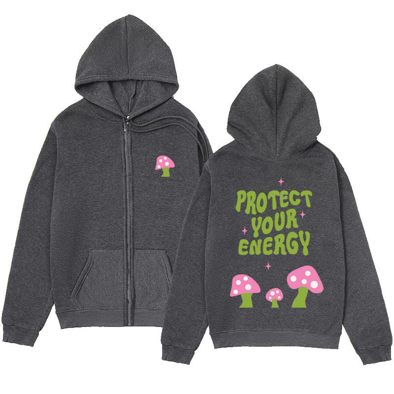"Protect Your Energy" Letter Mushroom Print Zipper Hoodie