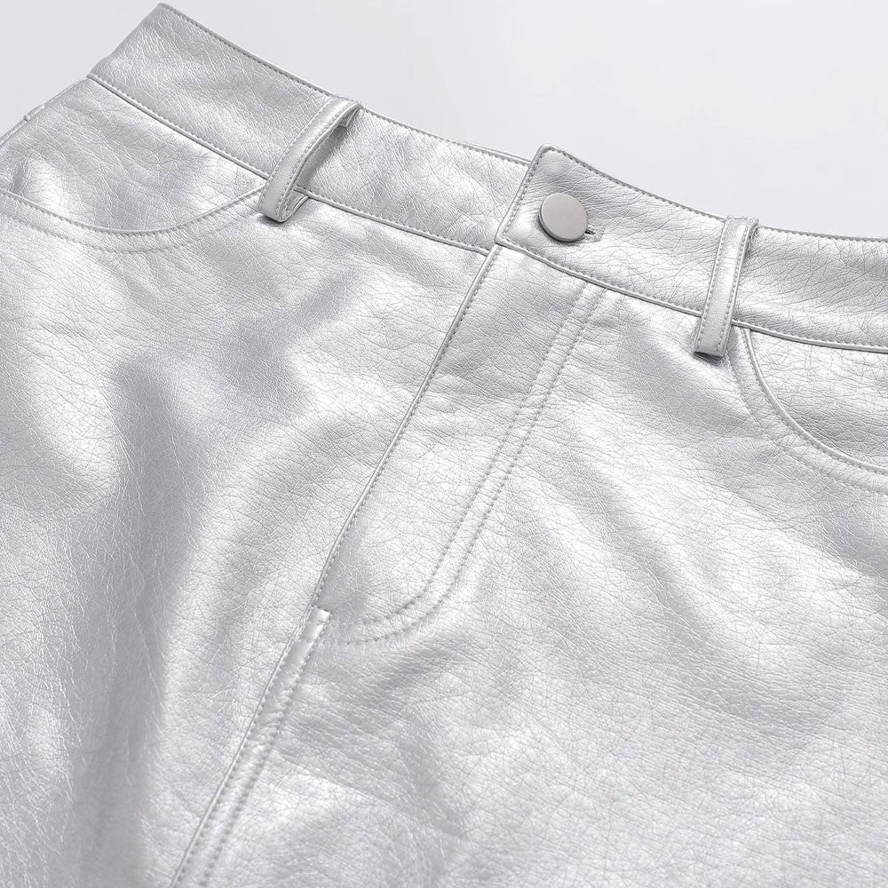 Chic Silver PU Mini Skirt - Retro High Waist A-Line