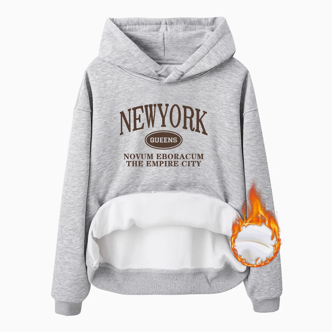 Pocket Hooded Long Sleeve Fleece Sweatshirt Top with NEW YORK Print