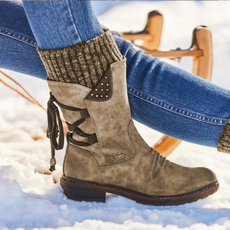 Women's Mid-Calf Boots - Flocked Snow Boots in Suede for Warm Comfort