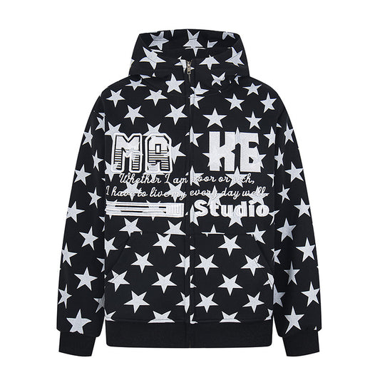 Star All-Over Print Hooded Sweatshirt Women Front Cardigan Jacket