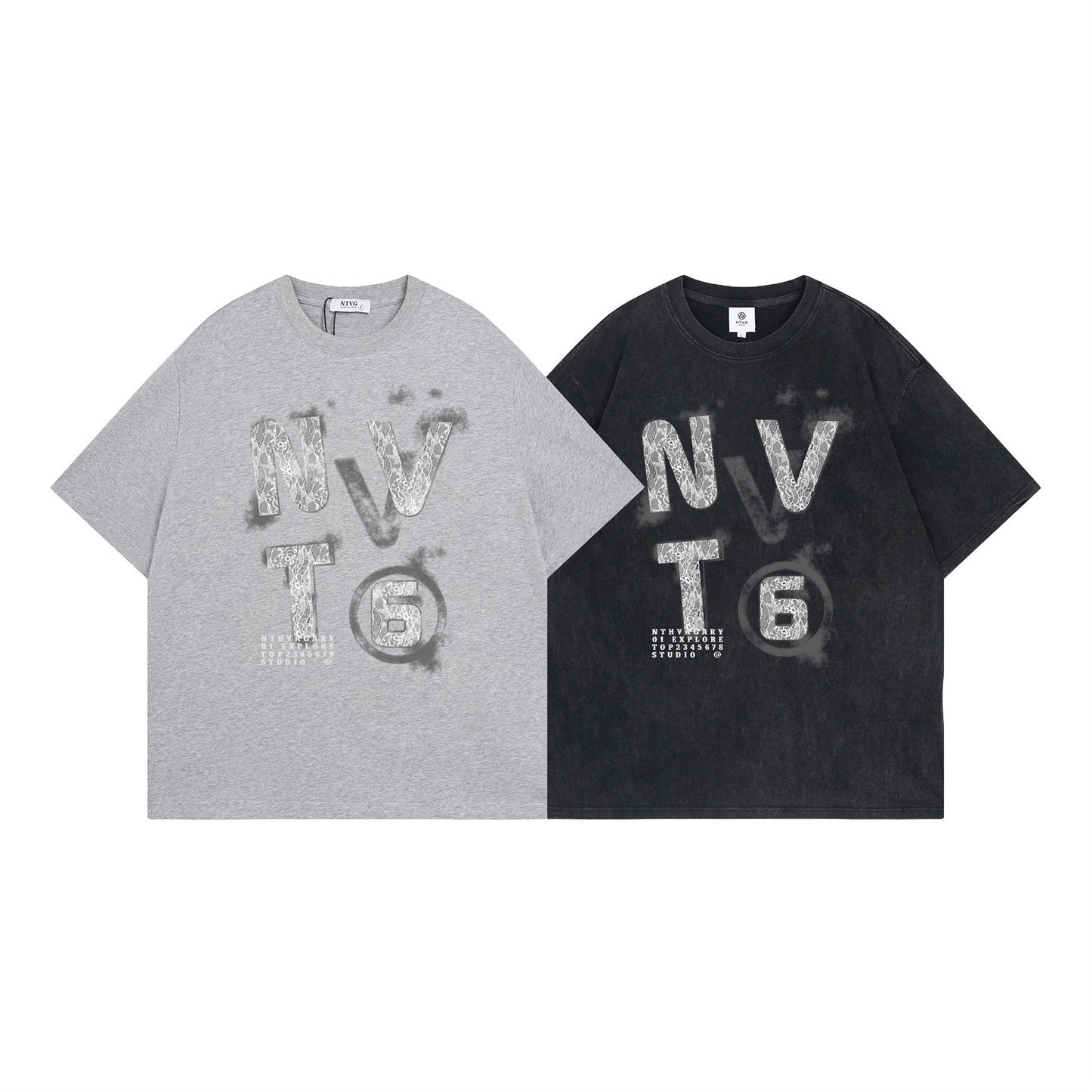 Salt-Washed Lace Letter Print T-Shirt - Unisex Summer Style