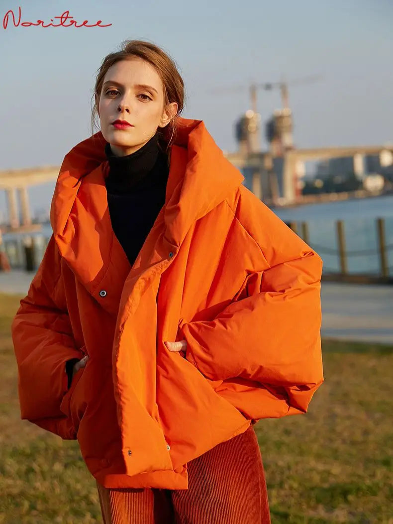 Harajuku Style Women's Oversized Down Parka - Fluffy Orange Red