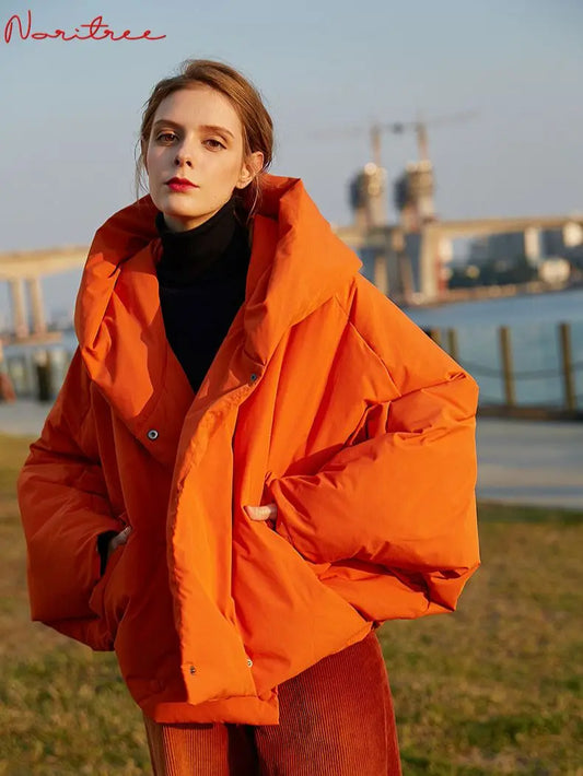 Harajuku Style Women's Oversized Down Parka - Fluffy Orange Red