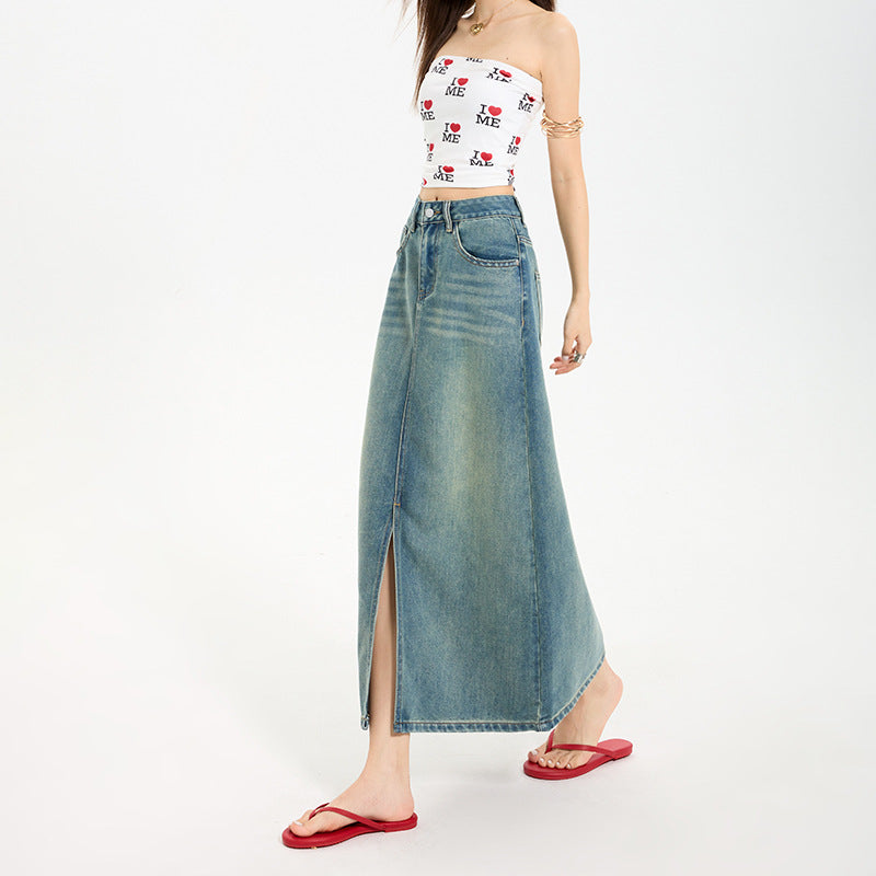High Waist Slit Denim Skirt for Women - Mid-Length Vintage A-Line Fitted Design