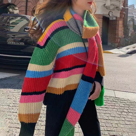 Rainbow Knitted Sweater & Scarf - Harajuku Style