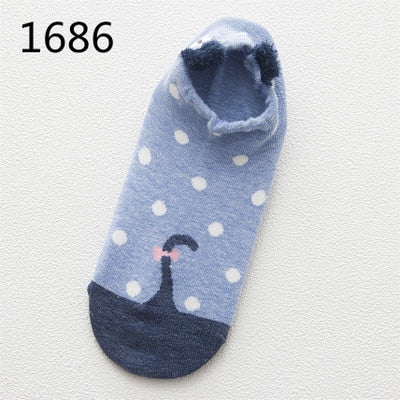 Kawaii Cat & Dog Cotton Socks for Women - Summer Boat Style