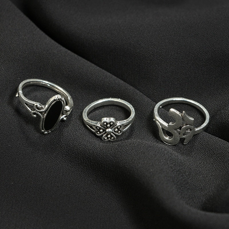 10pcs Bohemian Antique Silver Crown Star Moon Flower Rings Set