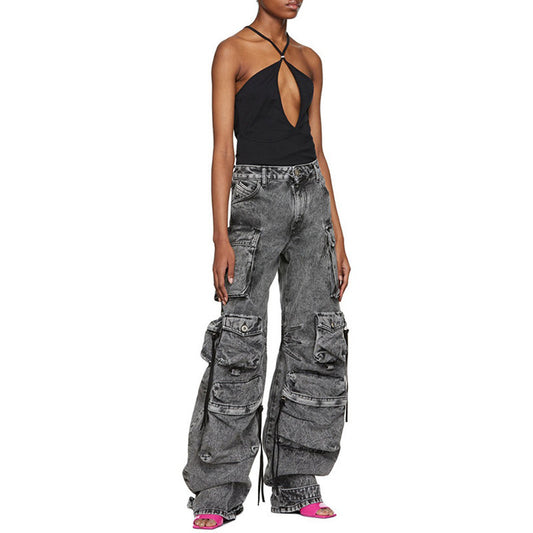 Playful Vintage Denim Jumpsuit - Off Shoulder Cargo Romper