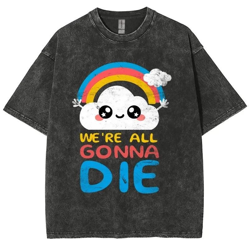 Summer Cartoon Cute Pattern Printed T-Shirt Vintage Washed Cotton Short Sleeve Top