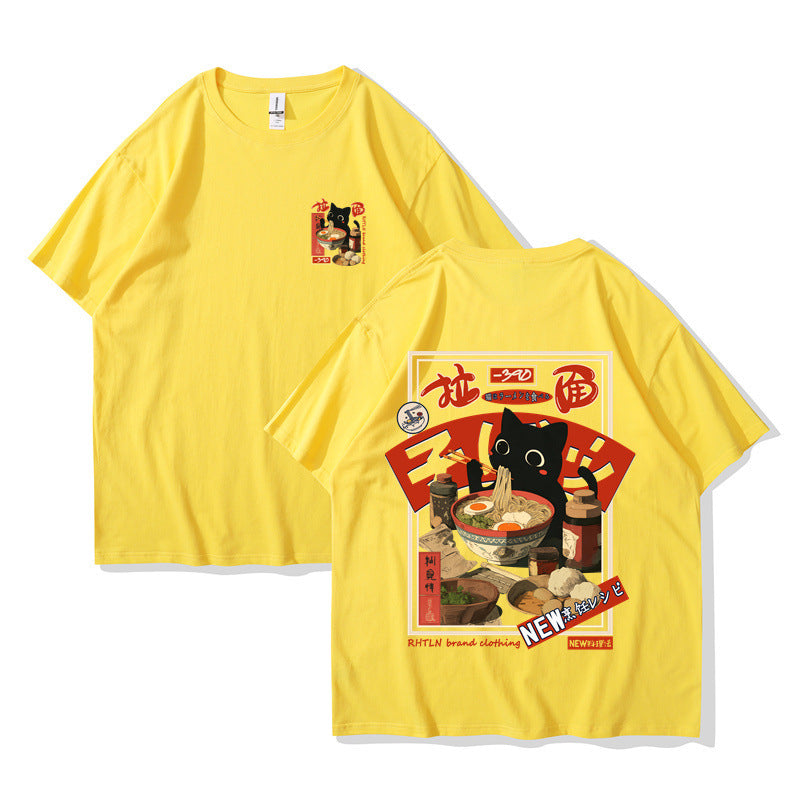 Harajuku Cat Cartoon Eating Noodles Graphic Unisex Casual Short Sleeve T-Shirt